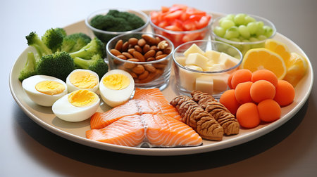 Healthy food selection on a plate, low-calorie foodの素材