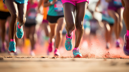 Marathon running race, people feet on city road. Healthy lifestyleの素材