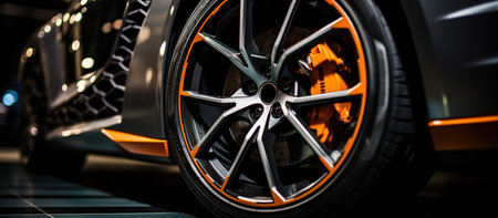 Close-up of the alloy wheels of a new sports car.の素材