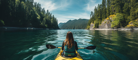Woman kayaking on a beautiful lake in the mountainsの素材