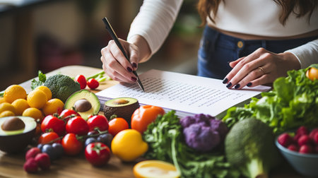 female hands writing in notebook while surrounded by fresh vegetablesの素材