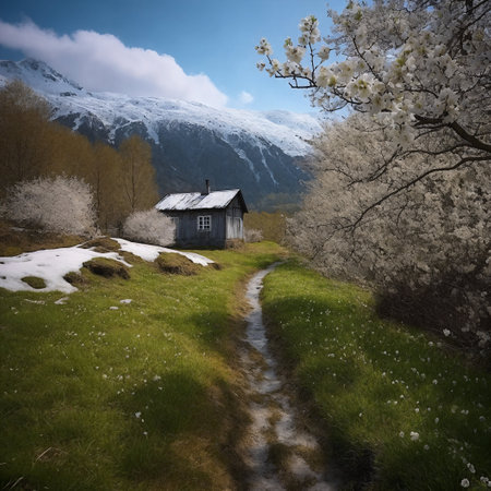 Beautiful spring landscape with snow covered mountains in Norway, Scandinavia. AI Generated.の写真素材