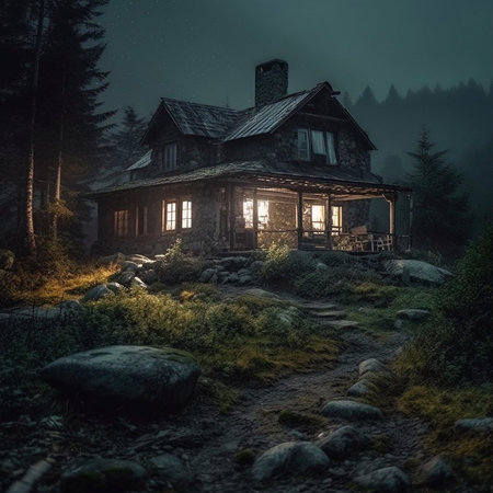 Wooden house in the Carpathian mountains at night with fog. AI Generated.の素材