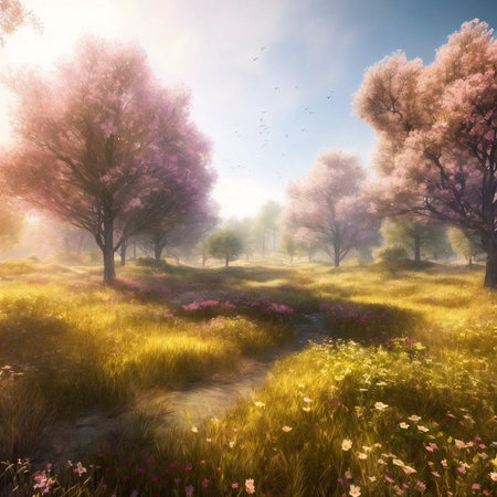 Beautiful spring landscape with foggy meadow and pink flowers. AI Generatedの素材