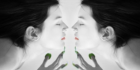 a picture of a woman  with leaves nailsの写真素材