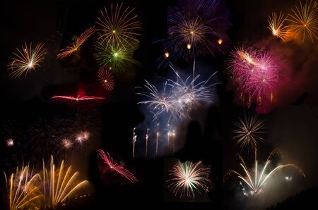 set of different fireworks elements on the black backgroundの写真素材