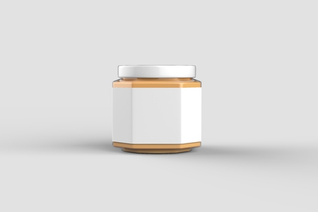Peanut butter in jar mock up isolated on soft gray background with white label. Small size. 3D illustration.の写真素材