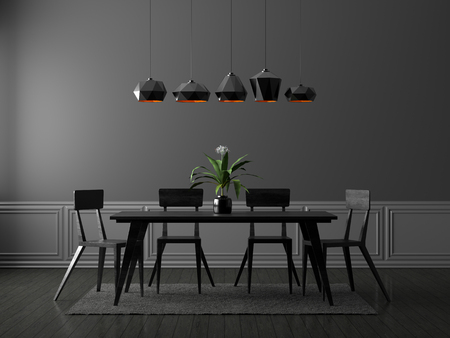 Spacious dining room with wooden table and chairs. 3D illustration.の写真素材