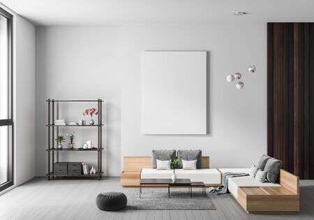Mock up poster frame in Scandinavian style hipster interior. Minimalist modern interior design. 3D illustration.の写真素材
