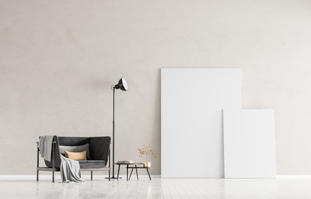 Mock up poster frames in scandinavian style interior with arcmhair. Minimalist interior design. 3D illustration.の写真素材