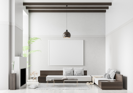 Mock up poster frame in scandinavian style interior. Minimalist modern interior design with...