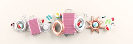 Traveler's accessories on white background. Mock up for travel concept design. 3D illustration.
