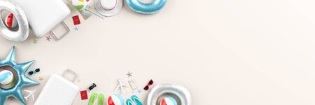 Traveler's accessories on white background with text space. Mock up for travel concept design. 3D illustration.の写真素材