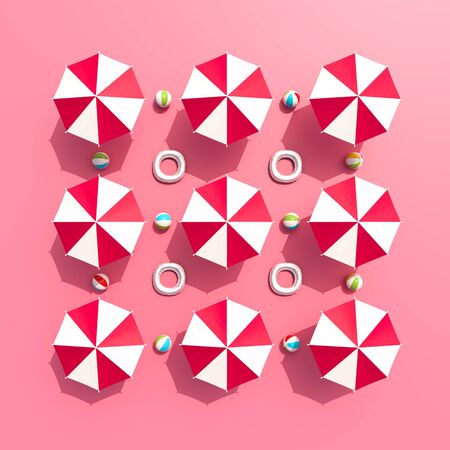 Travel concept background design with beach umbrella and accessories. 3D illustration.の写真素材