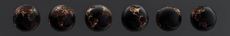 Six globes showing earth with 60 degree rotation at night. 3D illustration.の写真素材
