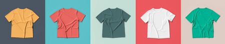 Colorful t-shirts on colorful background. t-shirt mock ups with five different colours.3D...