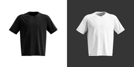 Black t-shirt mock up on white background and white t-shirt mock up on black background. 3D illustrationの写真素材