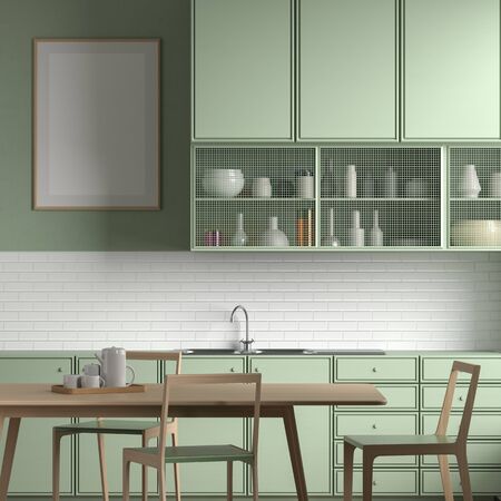 Mock up poster frame in Scandinavian style kitchen with dining table. 3D illustrationの写真素材