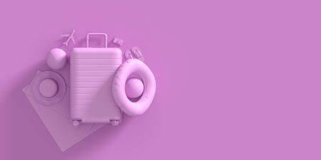 Traveler's accessories on pastel background with copy space. Mock up for travel concept design. 3D illustration.の写真素材