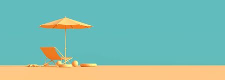 Travel concept background design with sea bed and umbrella. Mock up for travel concept design with copy space. 3D illustration.の写真素材