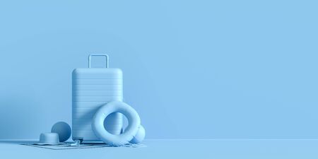 Traveler's accessories on pastel background with copy space. Mock up for travel concept design. 3D illustration.の写真素材