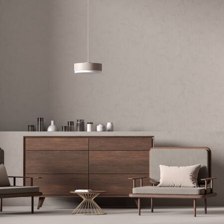 Empty wall mock up in modern style interior. Minimalist interior design. 3D illustration.