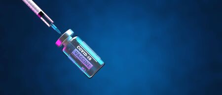 Vaccine for coronavirus infection - covid 19 and syringe for injection. Treatment for coronavirus disease with blue background. 3D illustration.の写真素材