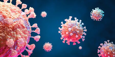 Coronavirus 2019-nCov novel coronavirus outbreak concept background. Microscopic view of floating influenza virus cells. 3D illustration.の写真素材