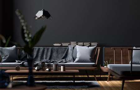 Empty wall mock up in modern style interior with wooden furnitures. Minimalist interior design. 3D illustration.の写真素材