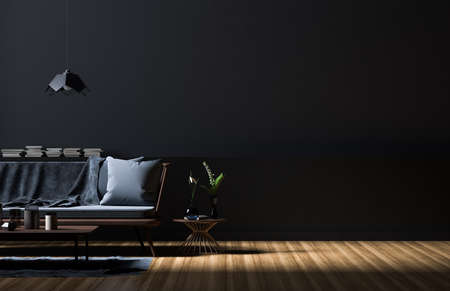 Empty wall mock up in modern style interior with wooden furnitures. Minimalist interior design. 3D...
