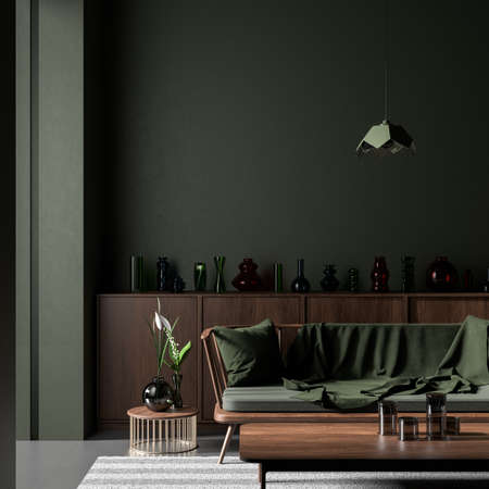 Modern style dark interior with wooden furnitures. Minimalist interior design with text space. 3D illustration.の写真素材