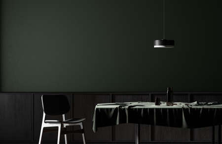 Modern style dining room with wooden chair and table.  Minimalist dark dining room design. 3D illustration.の写真素材