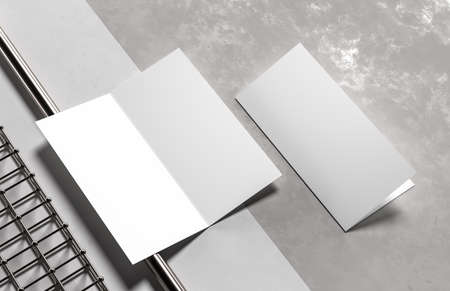 Bi-fold brochure mock up isolated on white background. 3D illustration.の写真素材