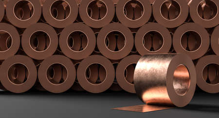 Rolled copper sheet isolated on dark background. Copper sheet is tiwsted into a large rolls. 3D illustration.の写真素材