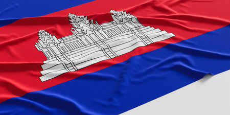 Flag of Cambodia. Fabric textured Cambodia flag isolated on white background. 3D illustrationの写真素材