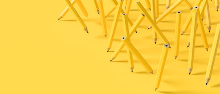 Yellow pencils isolated on yellow background. Yellow pencils background design. 3D illustration.の写真素材