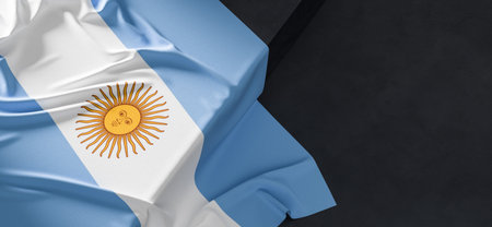 Flag of Argentina. Fabric textured Argentina flag isolated on dark background. 3D illustrationの写真素材