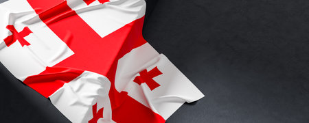 Flag of Georgia. Fabric textured Georgia flag isolated on dark background. 3D illustration