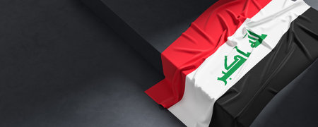 Flag of Iraq. Fabric textured Iraq flag isolated on dark background. 3D illustrationの写真素材