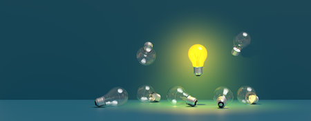 Back to school background. One glowwing light bulb among dimmed light bulbs. 3D illustration