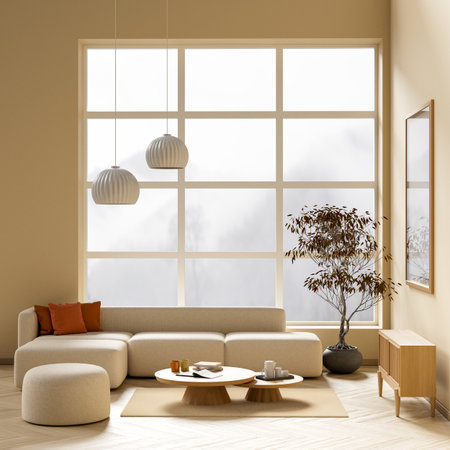 Minimalist livinig room with wooden  furnitures. Stylish living room design. 3D illustration