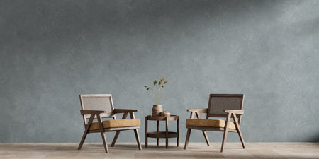 Minimalist livinig room with wooden furnitures. Stylish living room design. Empty wall mock up. 3D...