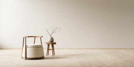 Empty wall mock up in boho style decorated livinig room. Light modern Interior design of living room with wooden furnitures. 3D illustrationの写真素材