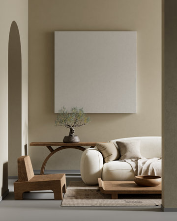 Japanese style interior design with wooden furnitures and raw materials. Mocuk up poster frame in ...