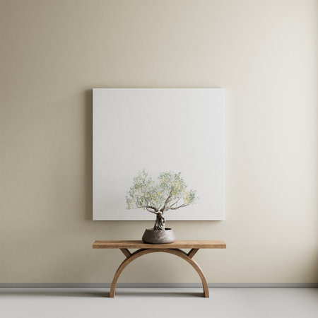 Japanese style interior design with wooden furniture and raw materials. Mock up poster frame in Japandi style interior. 3D illustrationの写真素材