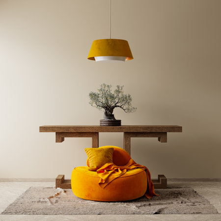 Japanese style interior design with wooden furnitures and raw materials. Japandi style interior. 3D illustrationの写真素材
