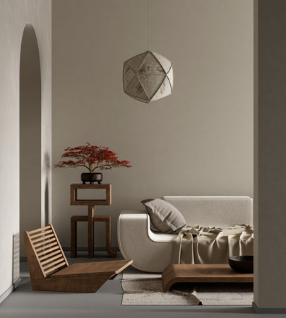 Japanese style interior design with wooden furnitures and raw materials. Japandi style interior. 3D...