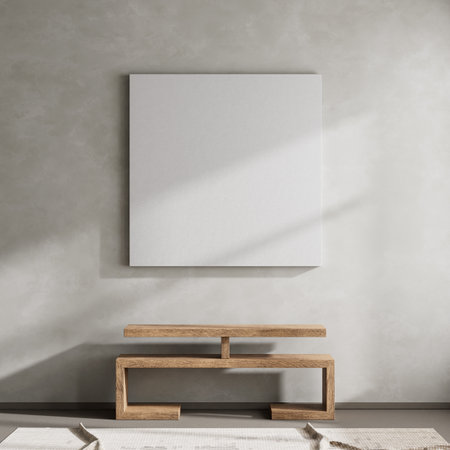 Japanese style interior design with wooden furniture and raw materials. Mock up poster frame in Japandi style interior. 3D illustrationの写真素材