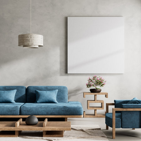 Japanese style interior design with wooden furnitures and raw materials. Mocuk up poster frame in...