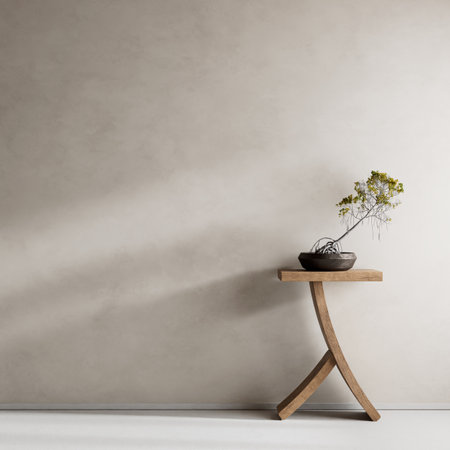 Japanese style interior design with wooden furnitures and raw materials. Japandi style interior. 3D...